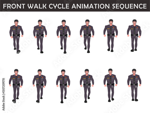 Police Officer Character walk cycle animation sequence. Front walk frame by frame animation sprite sheet.