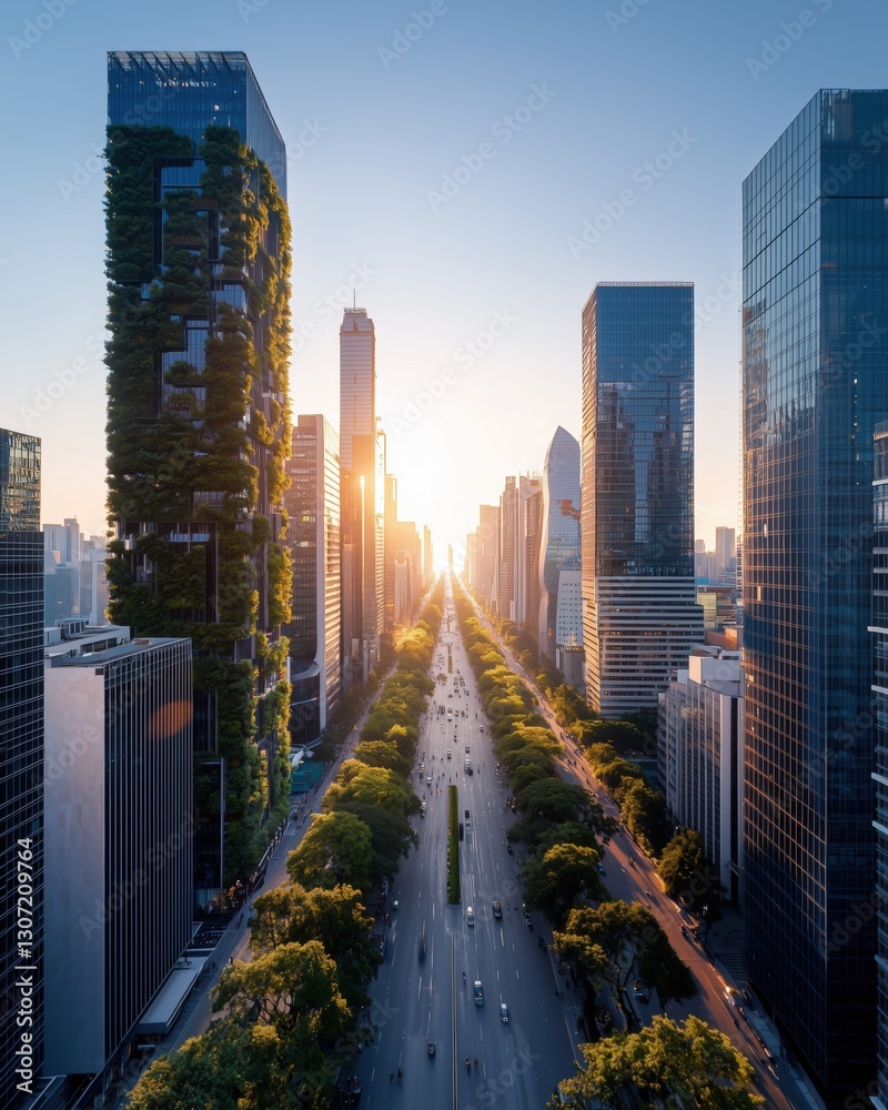 Fototapeta premium Eco-Friendly Urban Landscape with Tree-Lined Boulevards