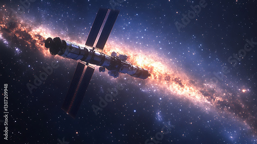 Fototapeta Naklejka Na Ścianę i Meble -  futuristic spacecraft docking to orbital space station beneath vibrant milky way galaxy stars symbolizing cosmic exploration science innovation and deep space astronomy