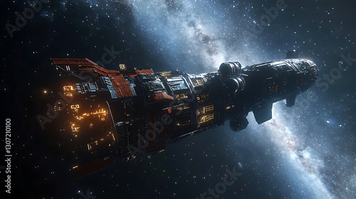 Fototapeta Naklejka Na Ścianę i Meble -  futuristic spacecraft docking to orbital space station beneath vibrant milky way galaxy stars symbolizing cosmic exploration science innovation and deep space astronomy