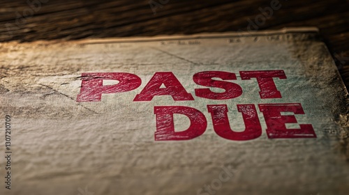 Time-sensitive Financial Notice: Dramatic Close-up of 'Past Due' Text Emblazoned Across Weathered Paper on Rustic Wooden Surface