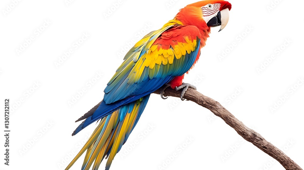 Fototapeta premium Vibrant macaw perched on a branch on solid white background.
