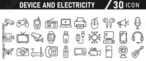 Device and electronics icon set, device, technology, mobile, web, set, icon, computer, and Electricity Icons