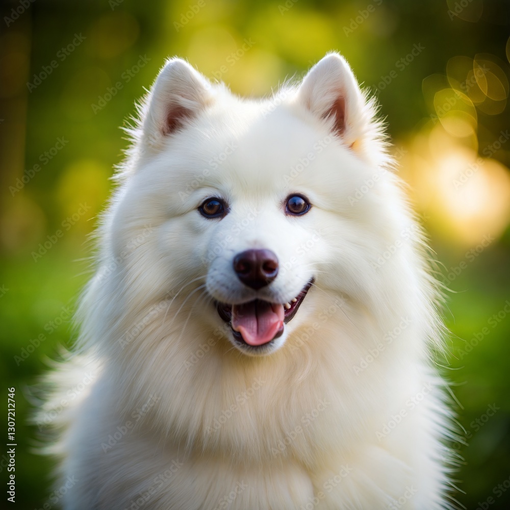 Portrait of a young Samoyed dog, showcasing its fluffy white fur and friendly expression Portrait of a young Samoyed dog, showcasing its fluffy white fur and friendly expression