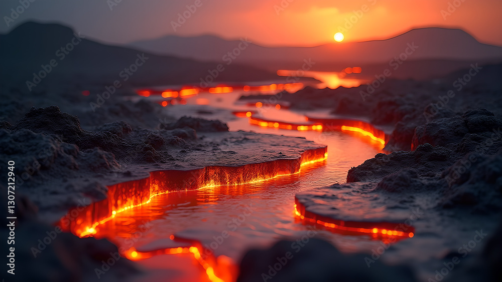 Ethereal landscape with glowing river at dusk Ethereal landscape with glowing river at dusk