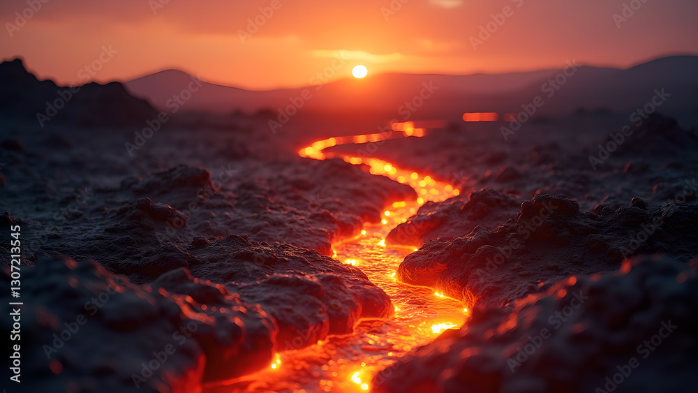 Fiery River, Sunset Over Molten Lava Landscape Fiery River, Sunset Over Molten Lava Landscape
