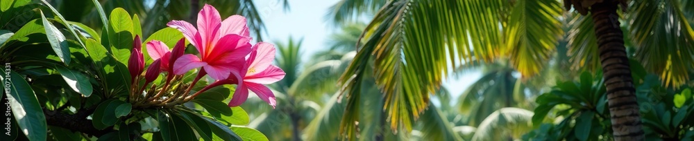 Tropical tree with pink flowers in full bloom, flowers, coconut, nature Tropical tree with pink flowers in full bloom, flowers, coconut, nature
