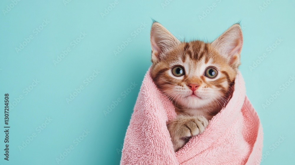 Cute kitten wrapped in a soft pink towel against a pastel blue background, adorable pet photography, charming expression Cute kitten wrapped in a soft pink towel against a pastel blue background, adorable pet photography, charming expression
