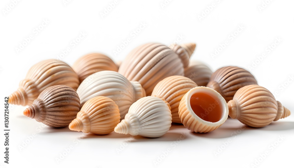 Assorted spiral chocolate shells on white background Assorted spiral chocolate shells on white background