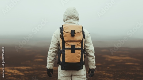 Adventurer in Winter Jacket Stands on Foggy Landscape with Backpack and Wilderness in Background