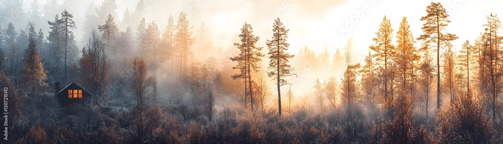 Naklejka premium Tranquil Misty Forest Scene with Cozy Cabin Illuminated by Warm Light at Dawn