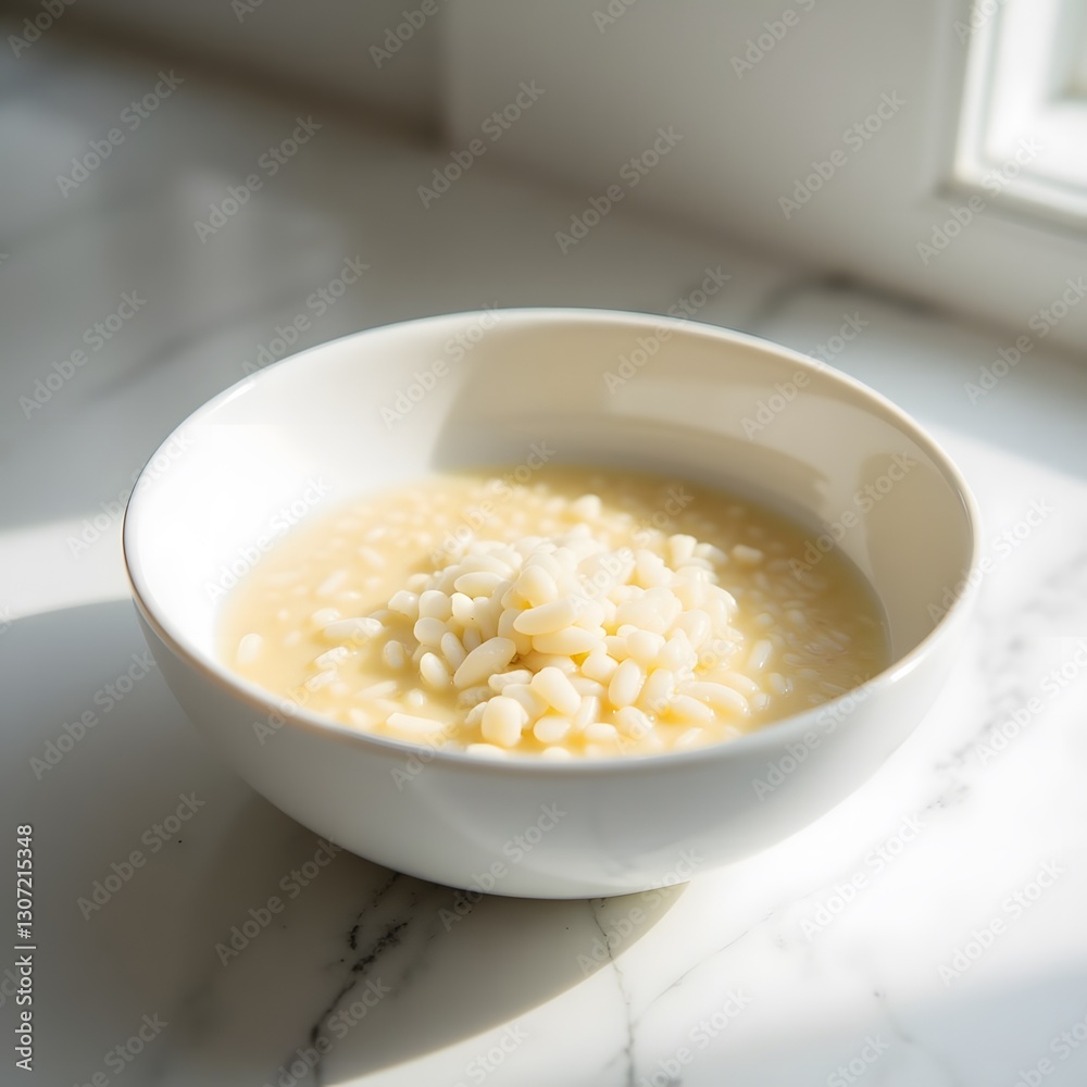 Creamy rice pudding in white bowl on sunlit marble surface Creamy rice pudding in white bowl on sunlit marble surface
