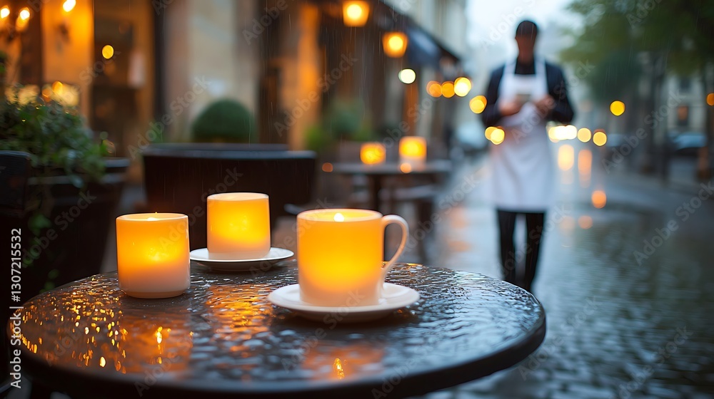 Parisian cafe table, candles, rain, evening Parisian cafe table, candles, rain, evening