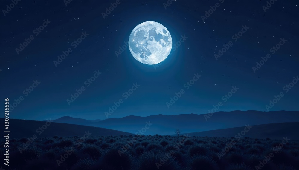 Dark landscape under a full moon with scattered night stars above, full moon, lunar Dark landscape under a full moon with scattered night stars above, full moon, lunar