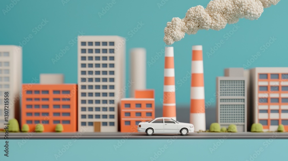 Obraz premium White Sedan Driving Past Model City with Industrial Smokestacks and Blue Sky Background in Minimalist Style