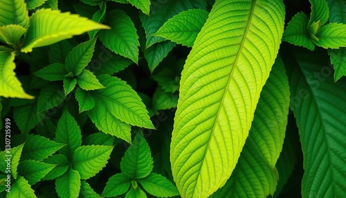 Vibrant green leaves, lush texture, intricate detail, foliage,  stock photo