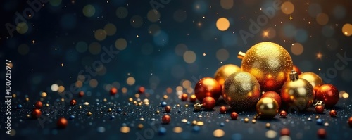 Dark podiem with golden ornaments in starry sky, atmosphere, ornaments, glowing photo