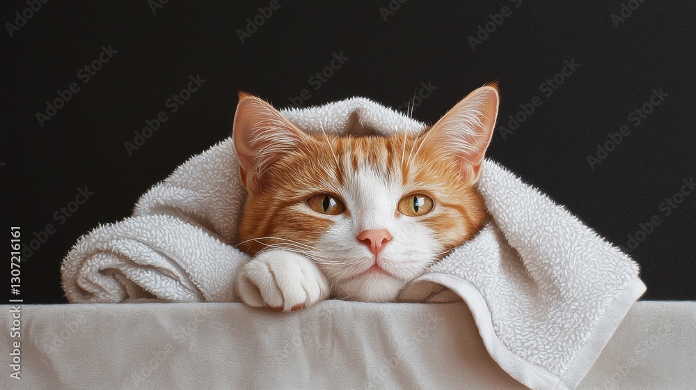 Relaxed Ginger Cat Wrapped in Soft Towel with Calm Expression and Bright Eyes Relaxed Ginger Cat Wrapped in Soft Towel with Calm Expression and Bright Eyes