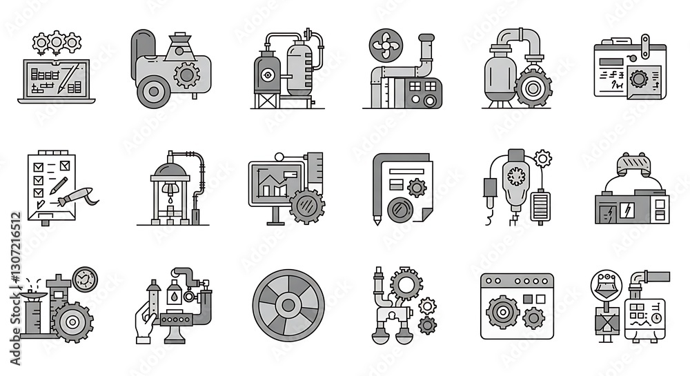 Line art icons of industrial processes - automation and engineering - for factory layouts and presentations. Line art icons of industrial processes - automation and engineering - for factory layouts and presentations.