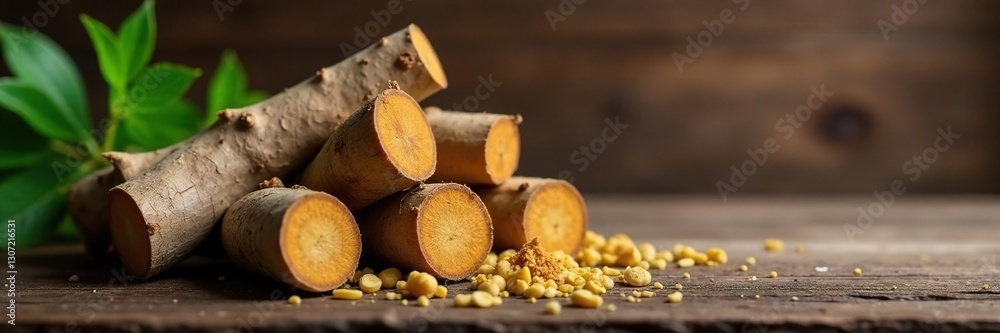 Pile of dried vetiver root against wooden surface, woodland, earthy scent, wood Pile of dried vetiver root against wooden surface, woodland, earthy scent, wood
