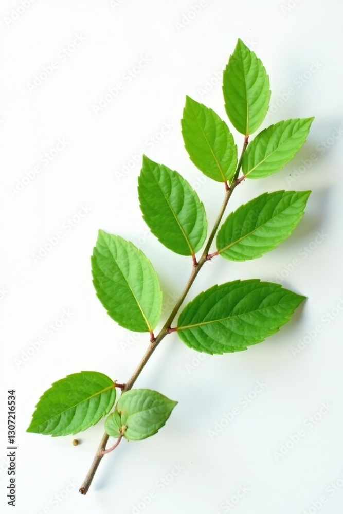 Leafy branch with small leaves and twigs on white background, green, foliage Leafy branch with small leaves and twigs on white background, green, foliage