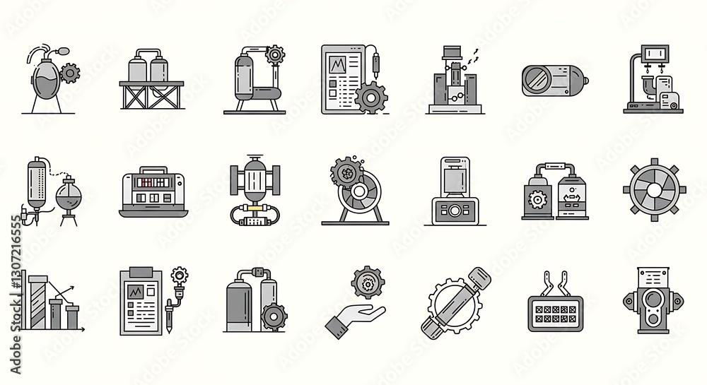 Fototapeta premium Line art industrial process icons - illustrating manufacturing workflow - for website graphic design.