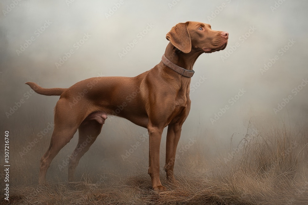 Hungarian vizsla dog standing in tall grass and fog Hungarian vizsla dog standing in tall grass and fog