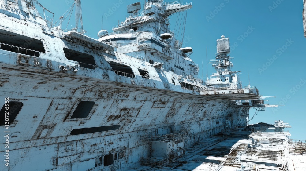 Weathered aircraft carrier, docked, ocean background, future concept, sci-fi art Weathered aircraft carrier, docked, ocean background, future concept, sci-fi art