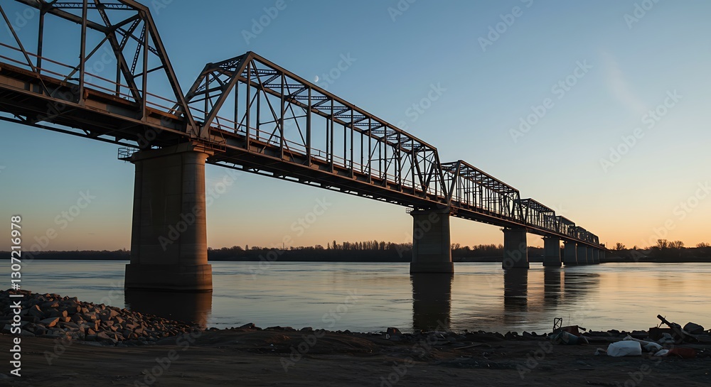Fototapeta premium Long truss bridge over water - connection and passage - travel and infrastructure content