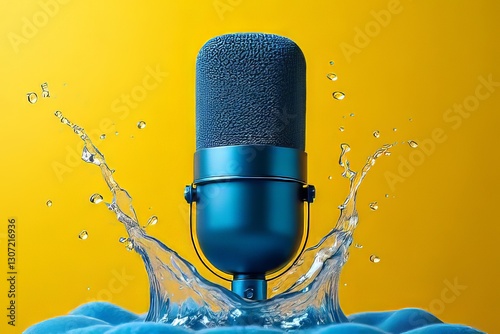 Blue Microphone in Water Splash on Yellow Background - Audio Recording Concept