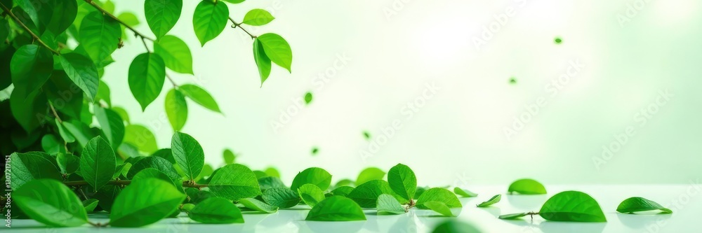 dense green leaves scattered on a clean white surface, isolated, verdant dense green leaves scattered on a clean white surface, isolated, verdant