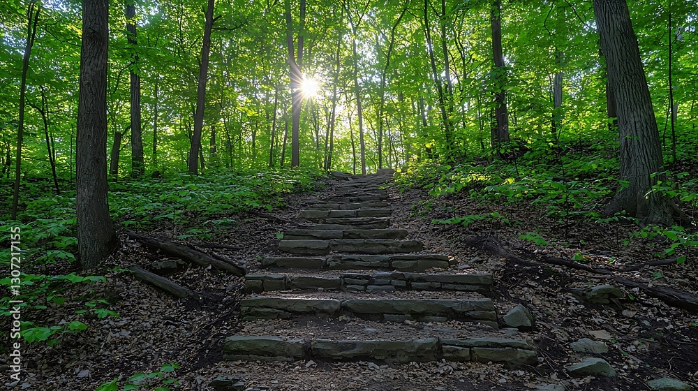Sunlit Forest Steps, Nature Trail, Lush Trees, Pathway