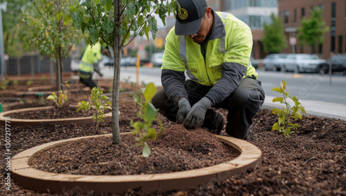 A team of workers plants new trees in the city, focusing on enhancing the landscape and promoting environmental health
