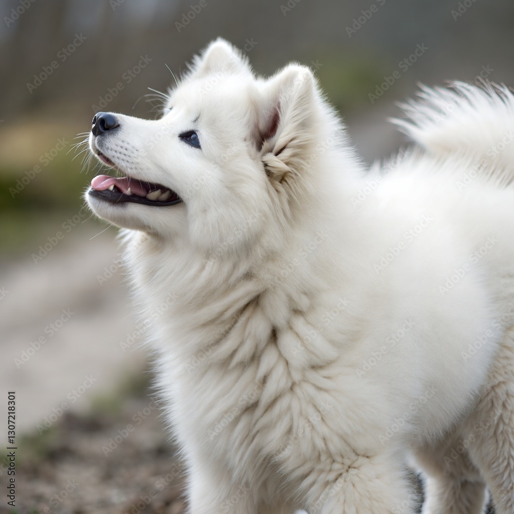 Portrait of a young Samoyed dog, showcasing its fluffy white fur and friendly expression Portrait of a young Samoyed dog, showcasing its fluffy white fur and friendly expression