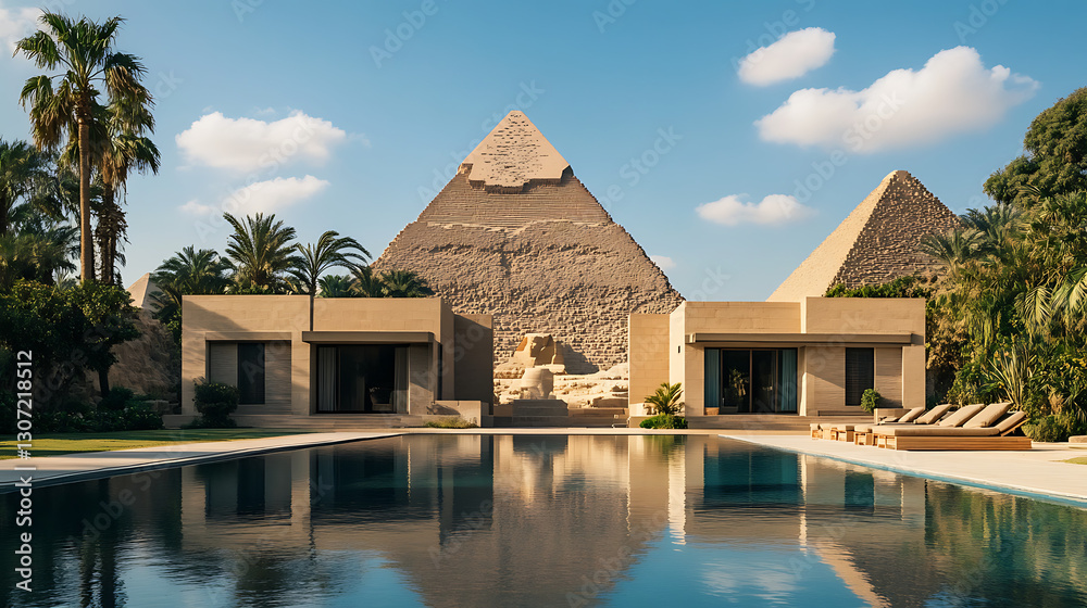 Obraz premium serene egyptian landscape with pyramids and sphinx in a green oasis merging desert monuments cultural heritage ancient architecture and tourism inspiration for global travelers