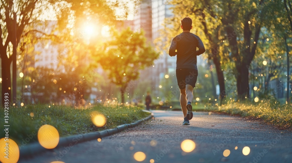 Fototapeta premium Man is jogging in a city park at sunset, enjoying the fresh air and the golden light filtering through the trees, promoting a healthy and active lifestyle