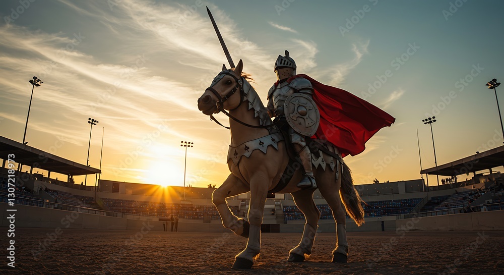 Fototapeta premium Majestic Knight on Horseback Silhouette - Symbolizing Chivalry and Courage - Historical reenactment event.