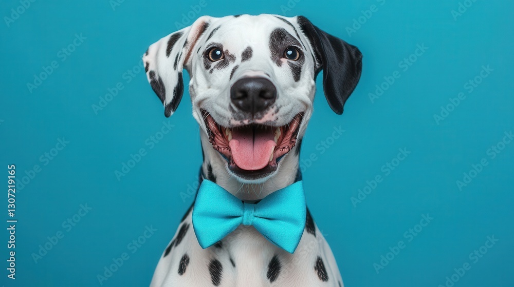 Happy Dalmatian Dog with Bow Tie Smiling Against a Bright Blue Background for Pet and Animal Lovers Happy Dalmatian Dog with Bow Tie Smiling Against a Bright Blue Background for Pet and Animal Lovers