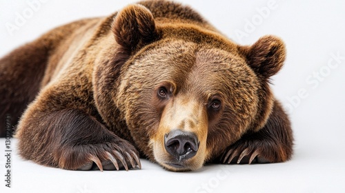 Close-up of a Grizzly Bear Resting Calmly with Soft, Warm Fur and Gentle Eyes on White Background