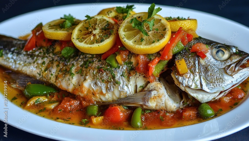 Roasted fish, seasoned with herbs and vegetables, garnished with lemon slices and fresh parsley on a white plate. Roasted fish, seasoned with herbs and vegetables, garnished with lemon slices and fresh parsley on a white plate.