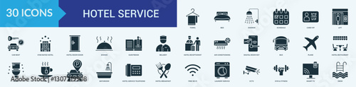 Hotel service icon collection set with towel, bed, shower, schedule, card vip
