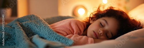 Child peacefully sleeping under colorful blankets in a cozy bedroom with comforting nightlight