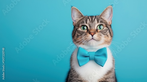 Cat Wearing a Bow Tie Against a Bright Blue Background with Expressive Green Eyes and Fluffy Fur
