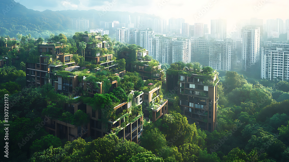 Obraz premium architectural vision of rooftops blending into canopy creating hidden woodland in city environment highlighting sustainable growth urban forest and green skyline