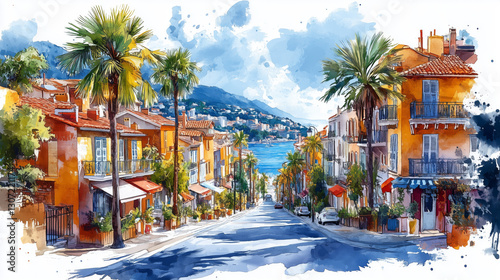 Coastal town watercolor,colorful landscape of old city  illustration