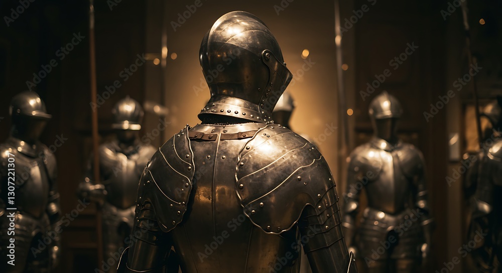 Medieval knights in shining armor - reflection of historical power - educational display/museum exhibit. Medieval knights in shining armor - reflection of historical power - educational display/museum exhibit.