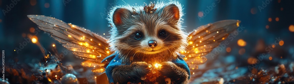 Naklejka premium Enchanted Raccoon with Wings Holding a Bright Light in Forest Setting