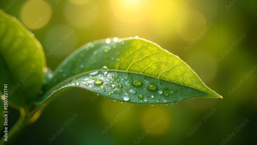 Fototapeta premium Fresh Green Leaf with Water Droplets Shining
