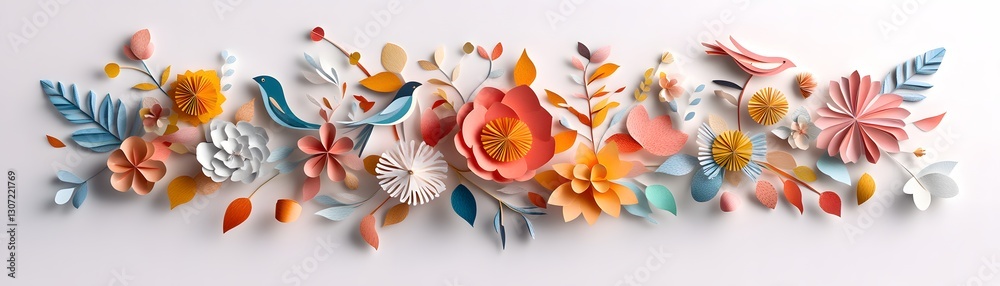Obraz premium Colorful Paper Flowers and Leaves Arrangement in Shades of Orange, Blue, and Pink on White Background