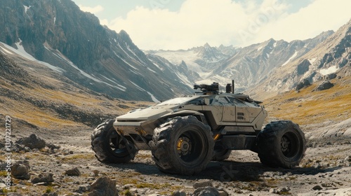 Futuristic vehicle traversing mountain pass, exploration